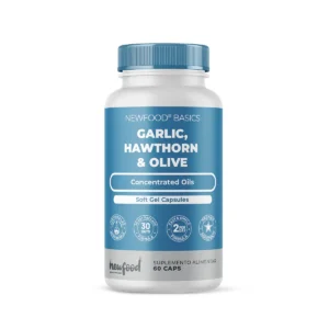 Frasco do Garlic, Hawthorn e Olive com 60 cápsulas da New Food, suplemento natural para apoio cardiovascular.