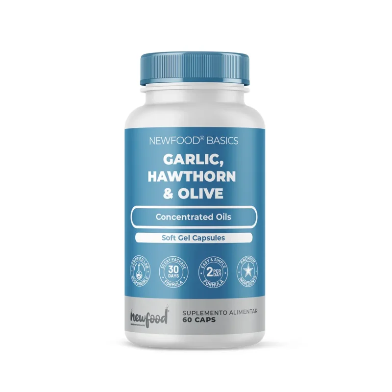 Frasco do Garlic, Hawthorn e Olive com 60 cápsulas da New Food, suplemento natural para apoio cardiovascular.