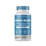 Frasco do Omega Blend com 60 cápsulas da New Food, suplemento completo de ómegas para suporte cardiovascular, cerebral e articular.