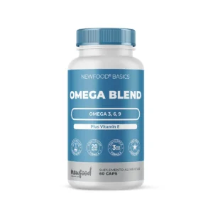 Frasco do Omega Blend com 60 cápsulas da New Food, suplemento completo de ómegas para suporte cardiovascular, cerebral e articular.