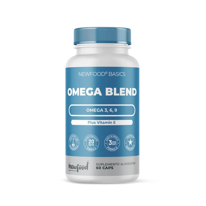 Frasco do Omega Blend com 60 cápsulas da New Food, suplemento completo de ómegas para suporte cardiovascular, cerebral e articular.