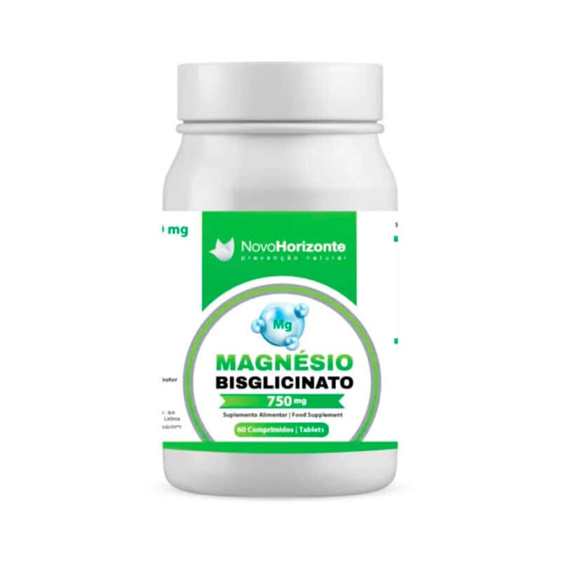 Frasco do Magnésio Bisglicinato com 60 comprimidos da Novo Horizonte, suplemento para suporte muscular, nervoso e redução do cansaço.