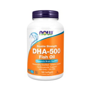 Frasco do DHA-500 Alta Potência com 180 cápsulas da Now, suplemento de ômega-3 concentrado para saúde cerebral e cardiovascular.
