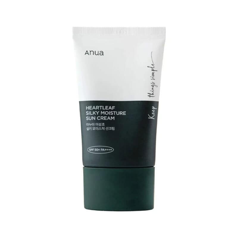 Frasco do Heartleaf Silky Moisture Creme Solar SPF50/PA++++ 50ml da Anua, protetor solar hidratante com textura leve.