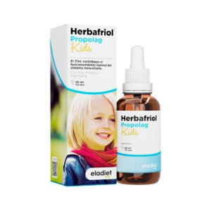 Frasco do Herbafriol Propolag Kids 50ml da Eladiet, suplemento natural infantil para proteger a garganta e reforçar a imunidade.