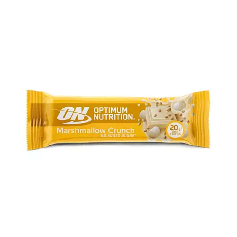 Barra de proteína de 65g sabor Marshmallow Crunch da Optimum Nutrition, snack funcional com textura crocante e alto teor de proteína.