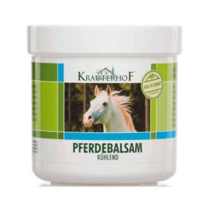 Frasco do Pferde Bálsamo do Cavalo Efeito Frio 500ml da Kräuterhof, bálsamo refrescante de grande formato para alívio muscular.