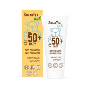 Frasco de Protetor Solar Bio Baby FPS 50+ 100ml da Bema Solar Tea, proteção natural para rosto e corpo de bebés.