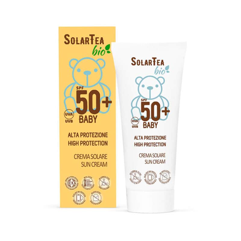 Frasco de Protetor Solar Bio Baby FPS 50+ 100ml da Bema Solar Tea, proteção natural para rosto e corpo de bebés.