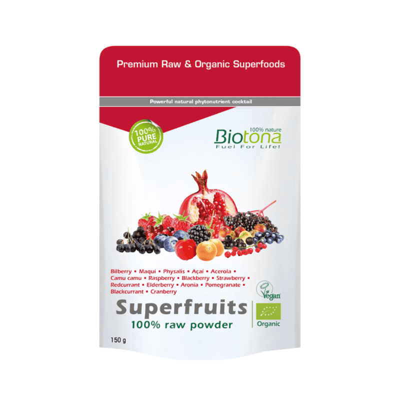 Embalagem do Superfruits 100% Raw Pó 150gr da Biotona, mistura de superfrutas em pó biológico.
