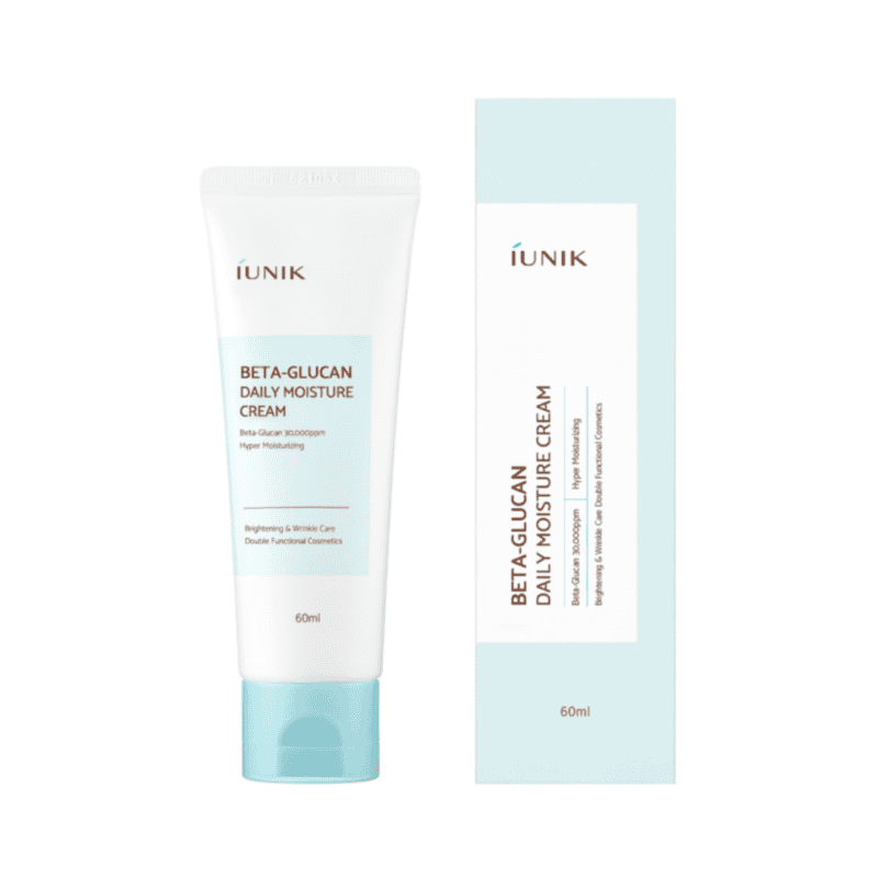 Embalagem do Creme Hidratante Diário Beta-Glucan 60ml da iUNIK, creme nutritivo e calmante para todos os tipos de pele.