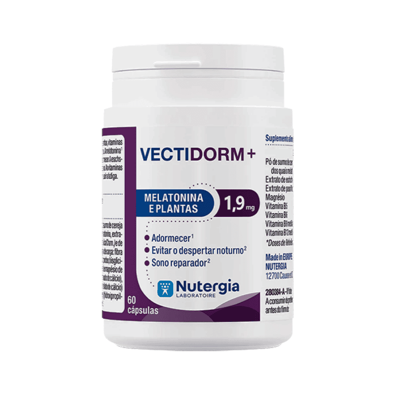 vectidorm plus nutergia frasco branco com 60 cápsulas, suplemento natural para promover sono tranquilo e reduzir insónias