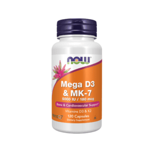 Suplemento Mega D3 e MK7 5000 IU 180 mcg Now 120 cápsulas para suporte ósseo e imunidade.