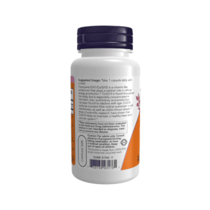 Frasco de suplemento alimentar Coenzima Q10 200mg Now Foods com 60 cápsulas