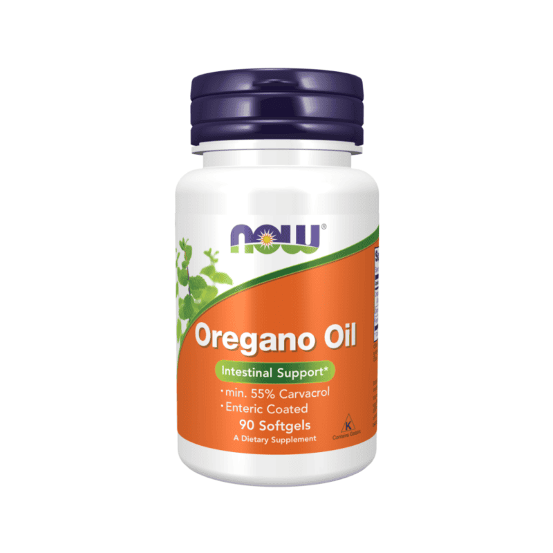 Frasco de suplemento alimentar Óleo de Orégão Now com 90 cápsulas gel, apoio ao sistema imunitário.