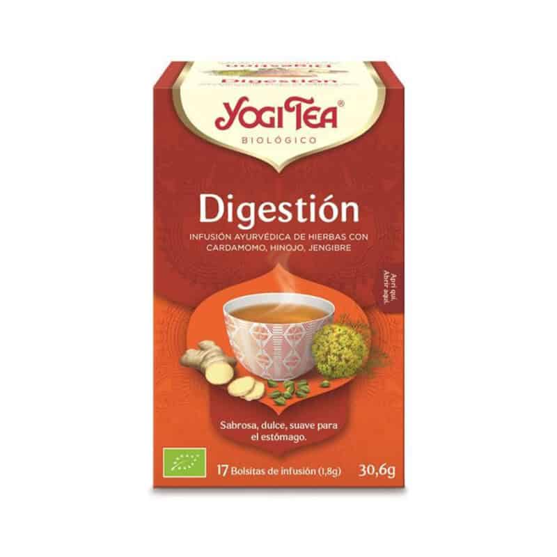Infusão bio Digestão Yogi Tea em caixa de 17 saquetas, mistura herbal biológica para apoio digestivo.