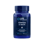 Suplemento Vitamina D e K Life Extension em frasco com 60 cápsulas vegetais, combinação de vitaminas essenciais para ossos fortes e saúde cardiovascular.