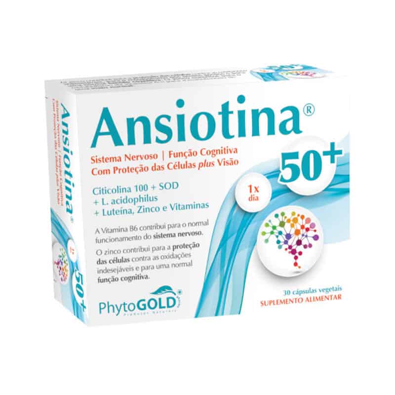 Caixa de Ansiotina 50+, suplemento alimentar com luteina, L. acidophilus, zinco e vitaminas.