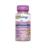 Frasco de suplemento Solaray Extrato de Raíz de Ashwagandha 470mg com 60 cápsulas, planta adaptogénica para stress, energia e equilíbrio emocional.