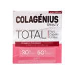 Caixa de suplemento Colagénius Beauty Total com 30 saquetas, colagénio, ácido hialurónico e vitaminas para pele, cabelo e unhas saudáveis.