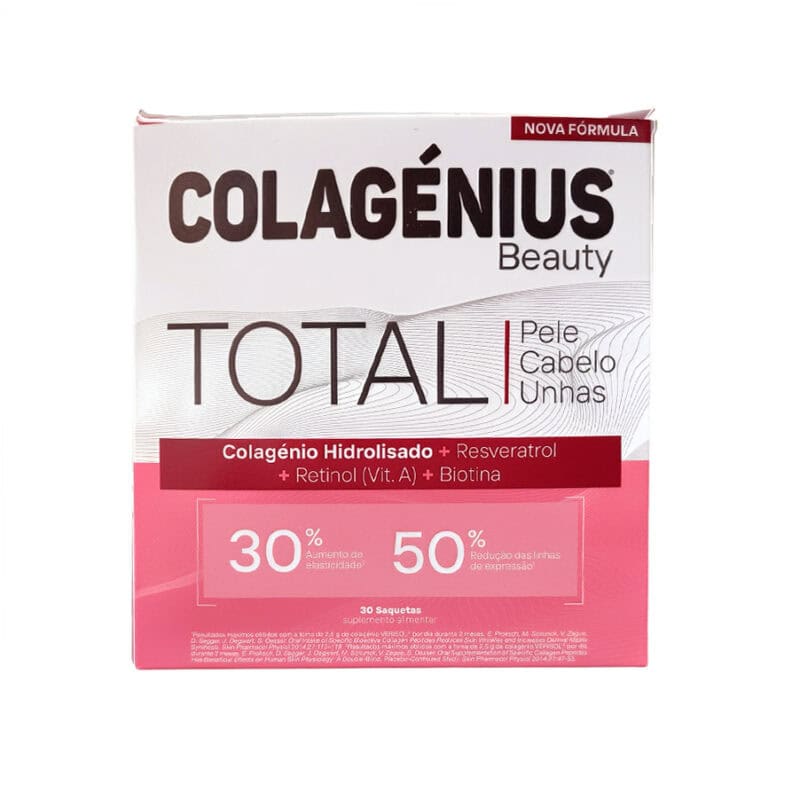 Caixa de suplemento Colagénius Beauty Total com 30 saquetas, colagénio, ácido hialurónico e vitaminas para pele, cabelo e unhas saudáveis.