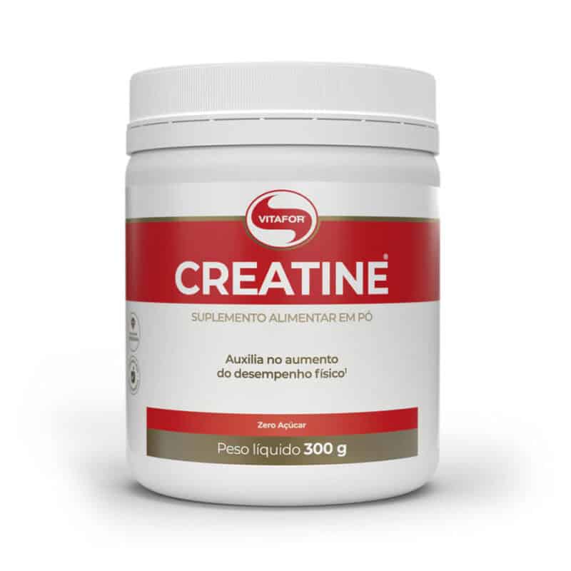Pote de Creatina Monohidratada em pó 300g da Vitafor, suplemento nutricional para força, energia e ganho de massa muscular.