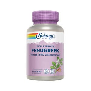 frasco de suplemento alimentar Extrato de Semente de Fenugreek 90 cápsulas Solaray, suplemento natural para apoio digestivo e controlo de peso