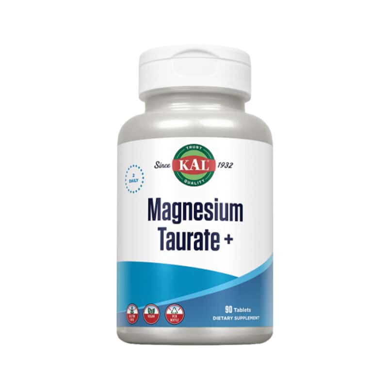 Suplemento alimentar Magnésio + Taurato da marca Kal em frasco com 90 comprimidos, combinação de magnésio e taurina para apoio ao sistema nervoso e função muscular.