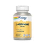 Frasco de suplemento Solaray L-Arginina 500mg com 100 cápsulas, aminoácido essencial para circulação, desempenho físico e vitalidade.