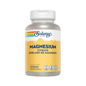 Frasco de suplemento Solaray Citrato de Magnésio com 90 cápsulas, fórmula de alta absorção para suporte muscular, nervoso e energético.