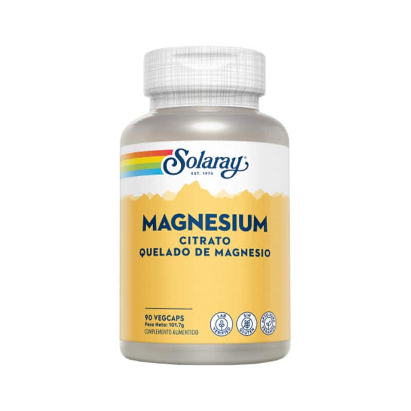 Frasco de suplemento Solaray Citrato de Magnésio com 90 cápsulas, fórmula de alta absorção para suporte muscular, nervoso e energético.