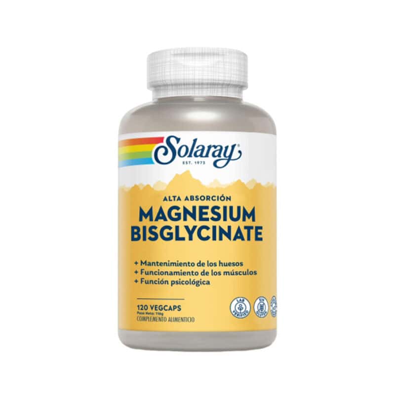 Frasco de suplemento Solaray Bisglicinato de Magnésio com 120 cápsulas, forma altamente absorvível para relaxamento muscular, energia e equilíbrio nervoso.
