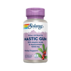 Frasco de suplemento Solaray Mastic Gum com 45 cápsulas, resina natural do pistácio-lentisco para apoio digestivo e conforto gastrointestinal.