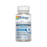 Frasco de suplemento Solaray Multidophilus Probiótico com 50 cápsulas, fórmula com múltiplas estirpes de probióticos para equilíbrio intestinal e reforço imunitário.