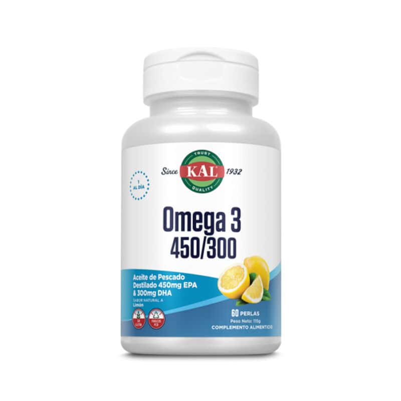 frasco de Ómega 3 450/300 60 cápsulas Kal, suplemento de óleo de peixe rico em EPA e DHA para o coração, cérebro e visão