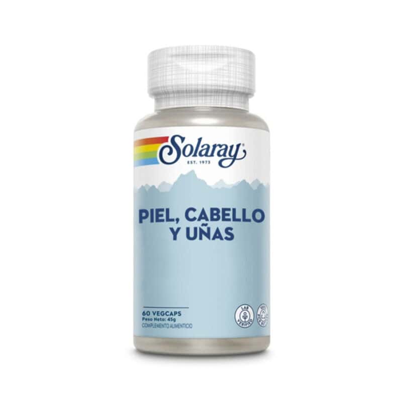 Frasco de suplemento Solaray Pele, Cabelo e Unhas com 60 cápsulas, fórmula com vitaminas e minerais para beleza e fortalecimento.