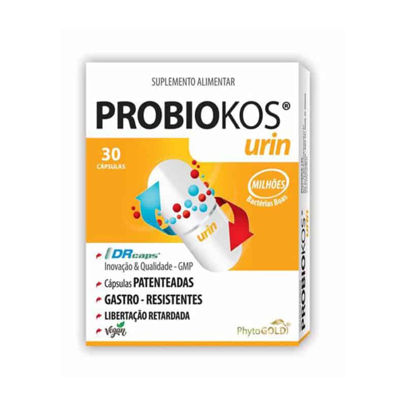 Frasco de Probiokos Urin 30 comprimidos da Phytogold, suplemento com probióticos, arando vermelho e d-manose para a saúde urinária e equilíbrio da flora íntima.
