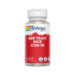 Frasco de suplemento Solaray Red Yeast Rice + Q10 com 60 cápsulas, fórmula com arroz vermelho e coenzima Q10 para apoio ao colesterol e energia celular.