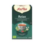 Infusão bio Relax Yogi Tea em caixa de 17 saquetas, mistura suave de ervas biológicas para promover calma.