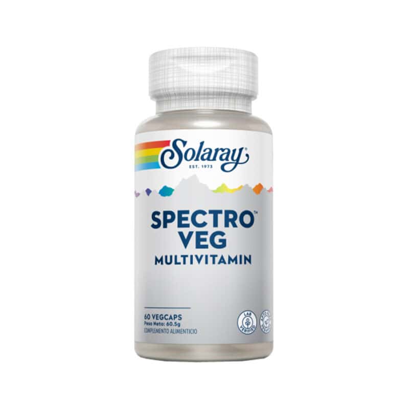 Frasco de suplemento Solaray Spectro Veg Multivitamínico com 60 cápsulas vegetais, fórmula completa com vitaminas, minerais e antioxidantes de origem vegetal.