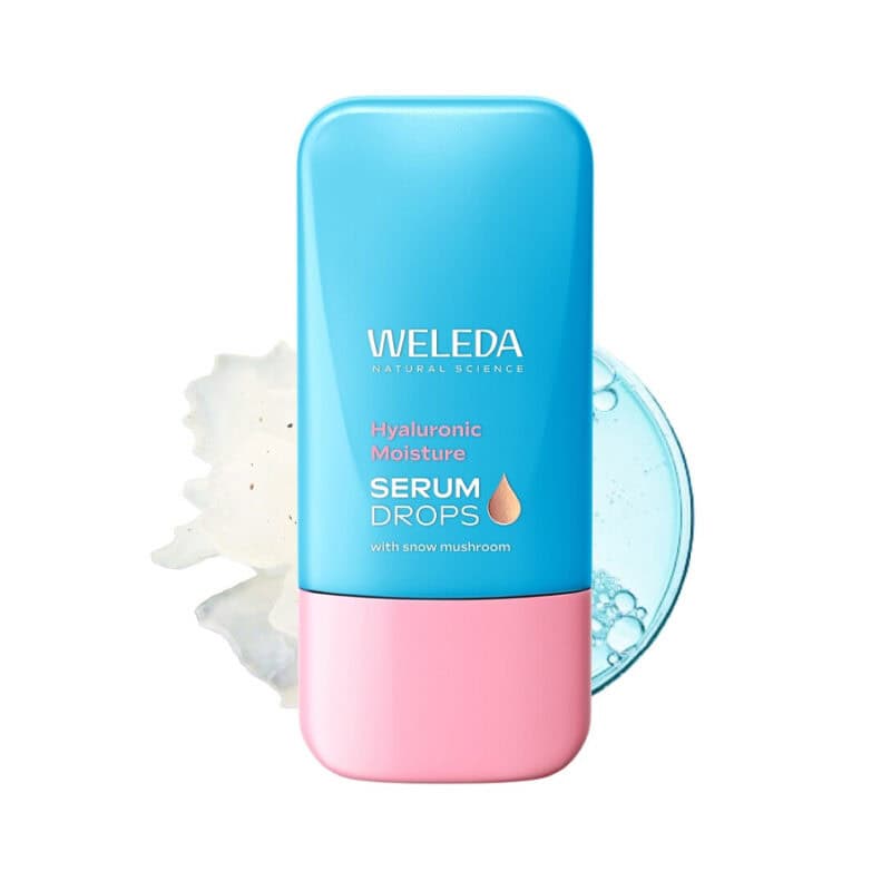 Booster sérum drops hidratante Weleda em frasco de 30ml, cuidado facial intensivo com ácido hialurónico para hidratação profunda da pele.