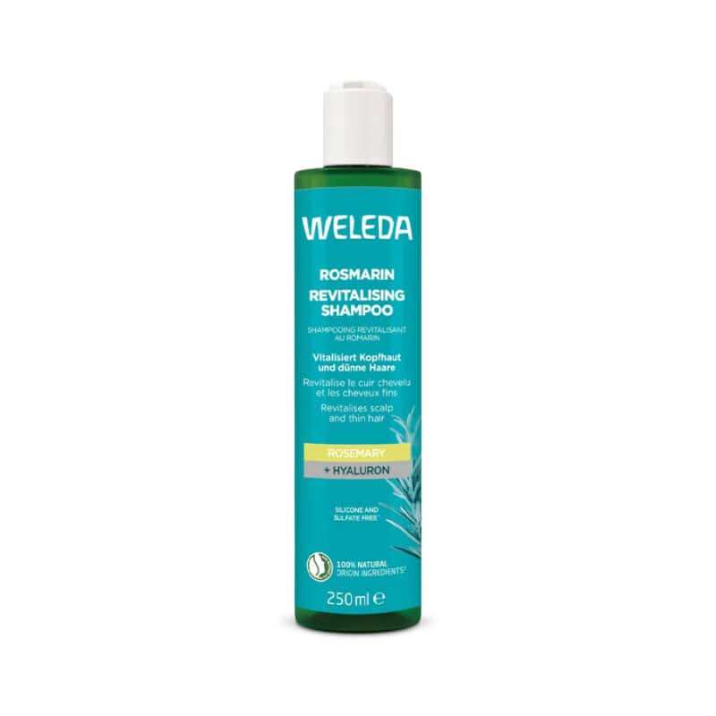 Champô revitalizante de alecrim Weleda em frasco de 250ml, limpa suavemente e estimula o couro cabeludo para cabelos fortes e brilhantes.