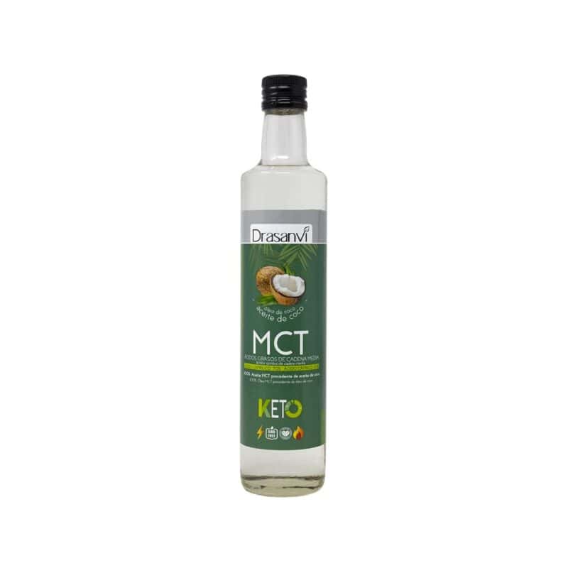 Óleo de côco MCT Keto Drasanvi frasco de 500ml, fonte pura de triglicéridos de cadeia média para energia rápida.