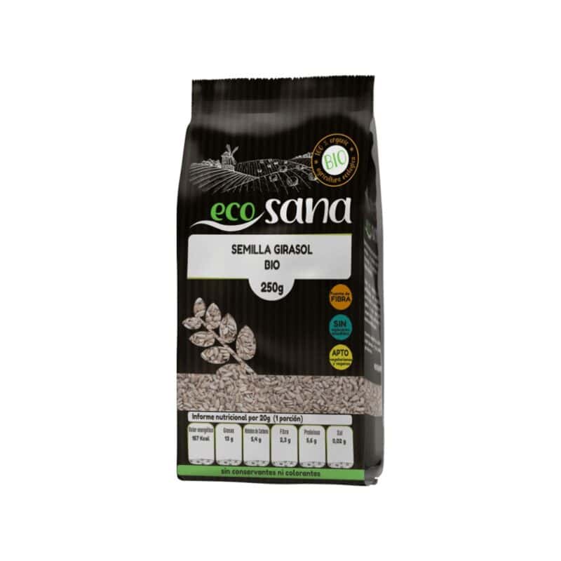 Sementes de girassol biológicas Ecosana em embalagem de 250 gramas, ricas em nutrientes e ideais para snacks ou receitas.