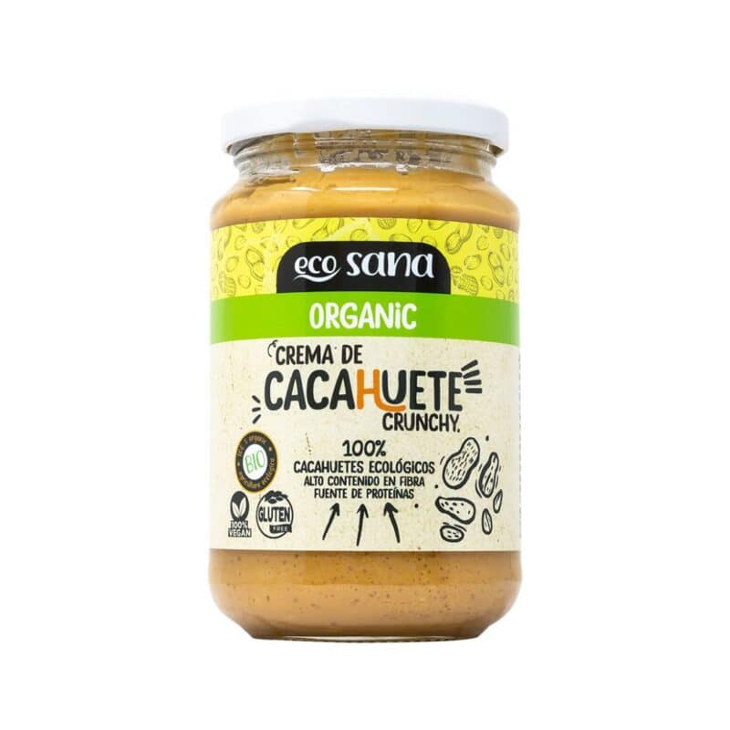 Creme de amendoim crunchy biológico Ecosana em frasco de 350 gramas, com textura crocante e sabor natural.