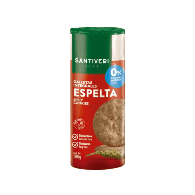 Bolachas integrais de espelta Santiveri em embalagem de 180g, feitas com ingredientes naturais e ricas em fibra.