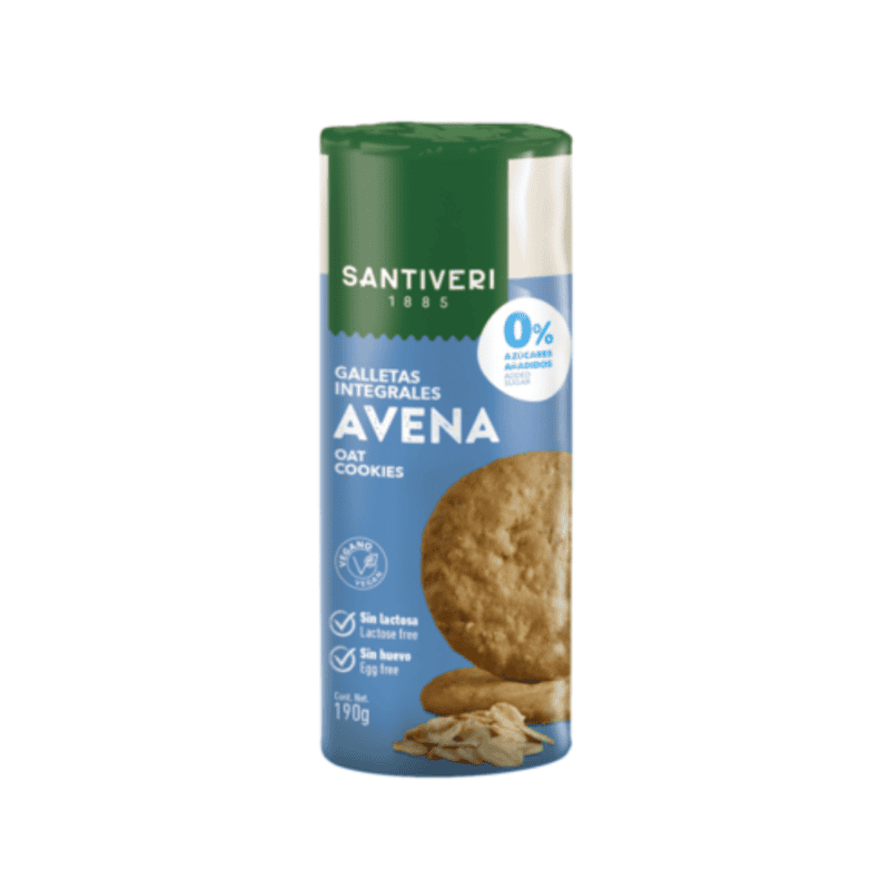 Bolachas integrais de aveia Santiveri em embalagem de 190g, elaboradas com ingredientes naturais e ricas em fibra.