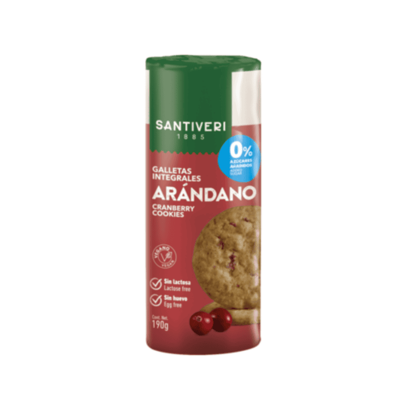 Bolachas integrais com arandos vermelhos Santiveri em embalagem de 190g, com pedaços de fruta e ingredientes naturais.