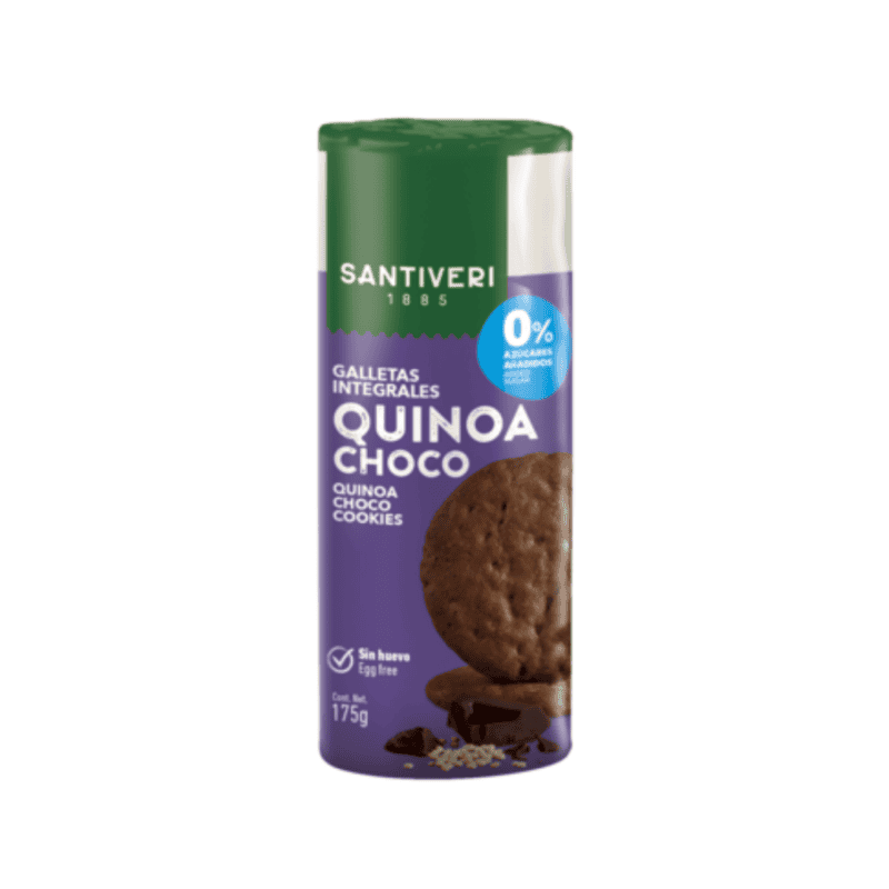 Bolachas integrais com quinoa e chocolate Santiveri em embalagem de 175g, combinando cereais integrais com pedaços de chocolate.