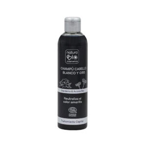 Shampoo Natura Bio para cabelos brancos e grisalhos com gardénia e centáurea em frasco de 250ml, formulado para realçar o brilho e neutralizar tons amarelados.
